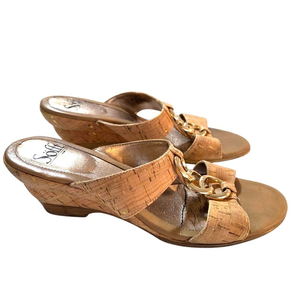 Sofft Cork Leather Gold Speckled Wedge Slip-On Sandals Coastal Boho Sz 7.5